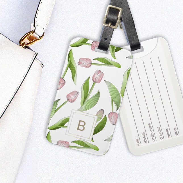 Étiquette À Bagage Monogramme Tulipe Rose Moderne (Créateur téléchargé)