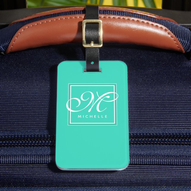 Étiquette À Bagage Monogramme Turquoise classique vert et blanc (Insitu Rectoal 2)