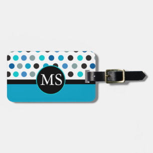 Étiquette À Bagage Monogramme turquoise de rayures de pois