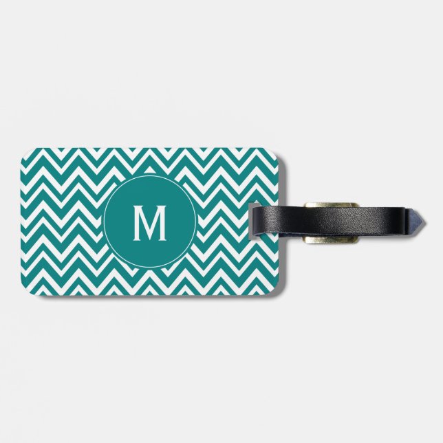 Étiquette À Bagage Monogramme Turquoise et blanc Motif Chevron (Dos horizontal)