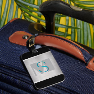 Étiquette À Bagage Monogramme turquoise et gris, argent brossé, noir