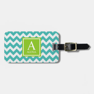 Étiquette À Bagage Monogramme Turquoise et Lime Chevron Imprimer