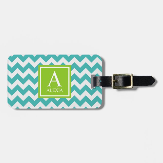 Étiquette À Bagage Monogramme Turquoise et Lime Chevron Imprimer (Devant horizontal)
