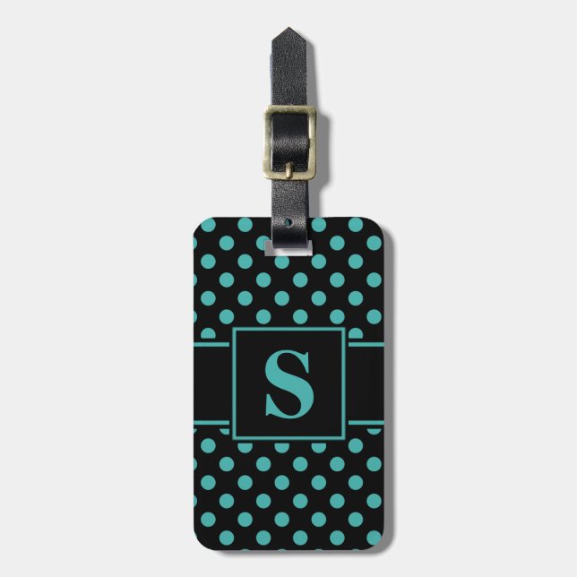 Étiquette À Bagage Monogramme vert-de-gris sur pois noir (Devant Vertical)
