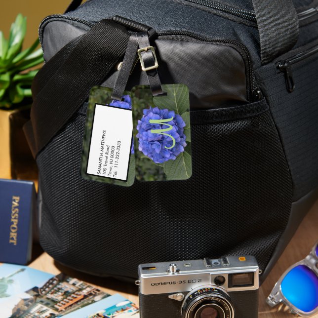 Étiquette À Bagage Monogramme vert Fleur de Hortensia Bleu (Recto & Verso)