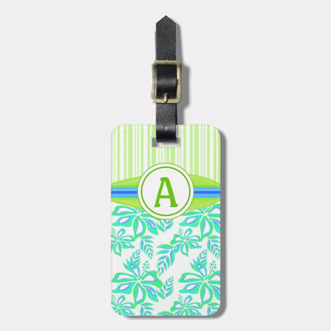 Étiquette À Bagage Monogramme vert Hibiscus Fleurs Plage tropicale (Devant Vertical)
