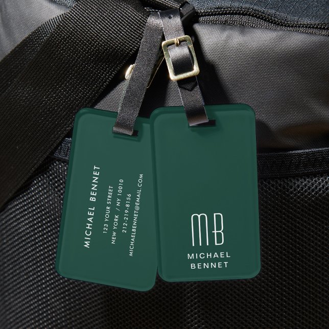 Étiquette À Bagage Monogramme vert moderne (Modern Monogram Green Luggage Tag)