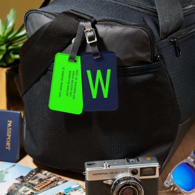 Étiquette À Bagage Monogramme vert néon tendance (Recto & Verso)
