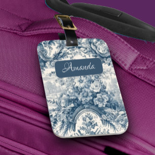Étiquette À Bagage monogramme vintage fleuri Blue toile de jouy