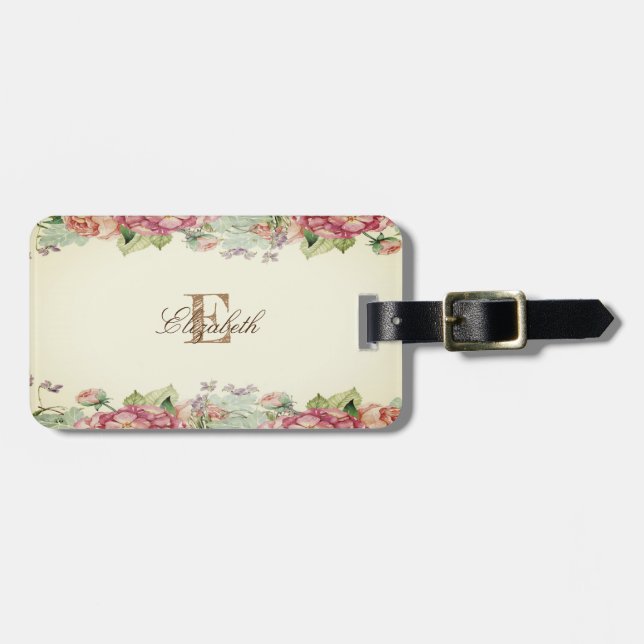 Étiquette À Bagage Monogramme vintage Floral Personnalisé (Devant horizontal)