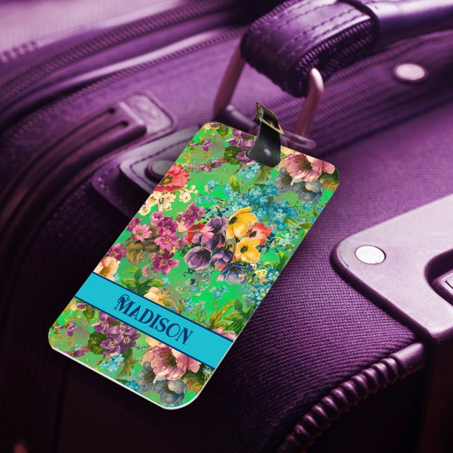 Étiquette À Bagage monogramme vintage vert fleuri motif (Créateur téléchargé)