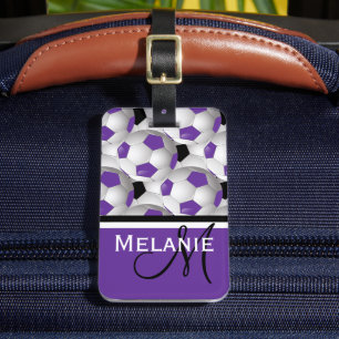 Étiquette À Bagage Monogramme violet noir Motif de balle de soccer