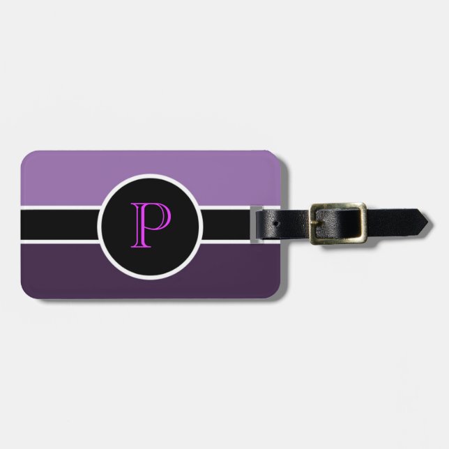 Étiquette À Bagage Monogramme violet Premier sac de voyage moderne (Devant horizontal)