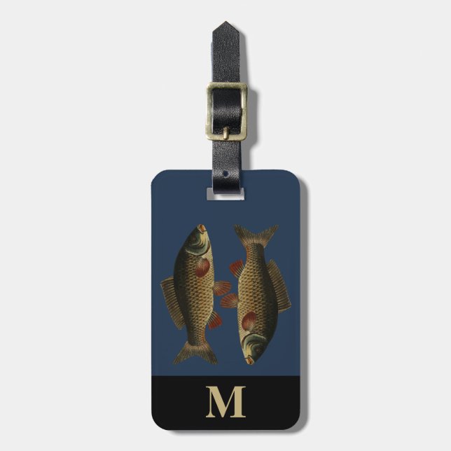 Étiquette À Bagage Monogramme Voyage Gris Poisson Carpe verte (Devant Vertical)