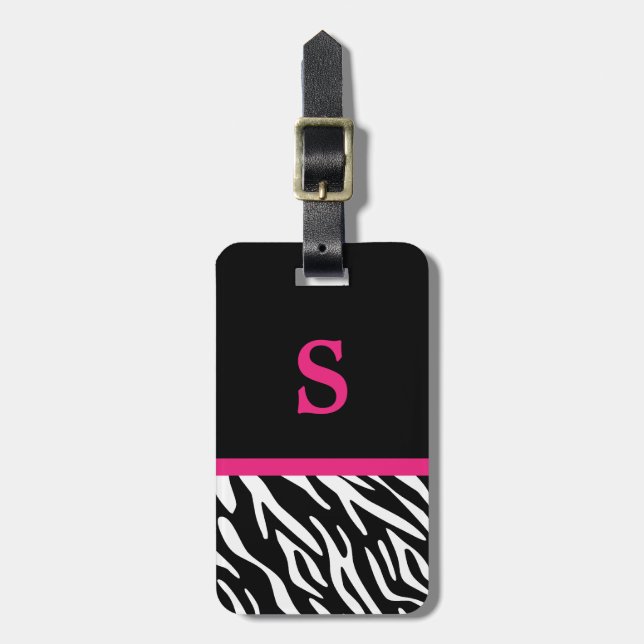 Étiquette À Bagage Monogramme Zebra Imprimer et Accent rose Balise de (Devant Vertical)
