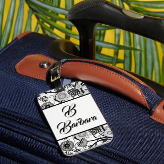 Étiquette À Bagage Monogrammed Black And White Floral Abstract Luggag