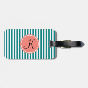 Étiquette À Bagage Monogrammes Turquoises, blancs et coraux roses ray