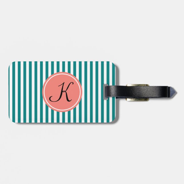 Étiquette À Bagage Monogrammes Turquoises, blancs et coraux roses ray (Dos horizontal)