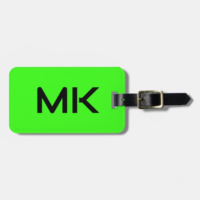 Étiquette À Bagage Monograms Neon Green Initiales Nom Cadeau Favorise (Devant horizontal)