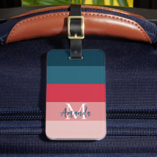 Étiquette À Bagage Monographie horizontale moderne rose et bleu