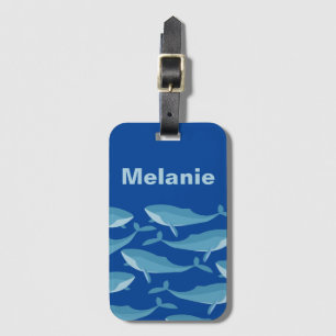 Étiquette À Bagage Morceau de baleines nager bleu foncé Personnalisé