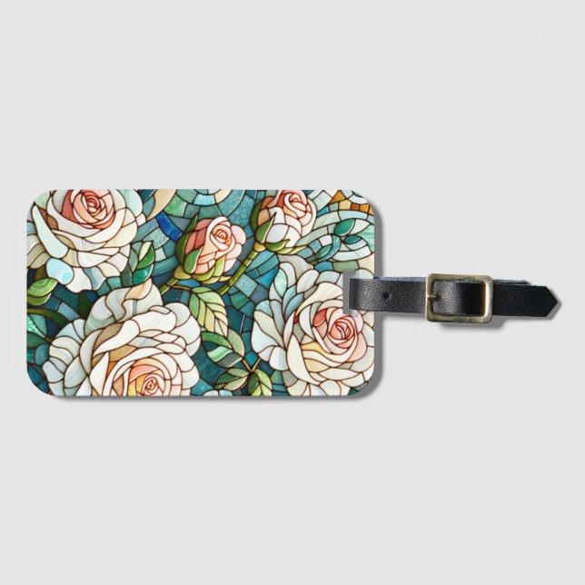Étiquette À Bagage Mosaïque de roses blanches en verre teinté (Devant Horizontal)