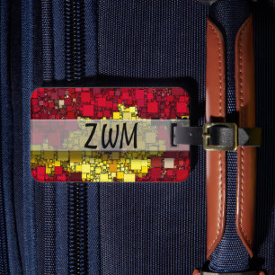 Étiquette À Bagage Mosaïque géométrique rouge, jaune et or Abstrait