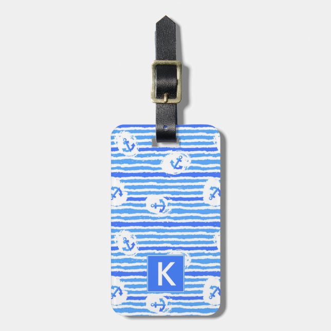Étiquette À Bagage Motif 1 d'Ancre d'aquarelle de monogramme (Devant Vertical)