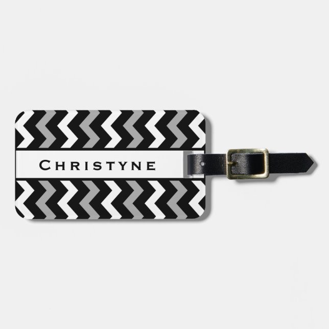 Étiquette À Bagage Motif à chevron noir blanc et gris (Devant horizontal)