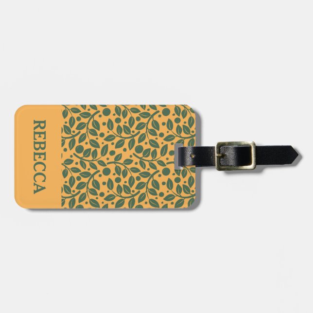 Étiquette À Bagage Motif à feuilles orange et verte (Devant horizontal)