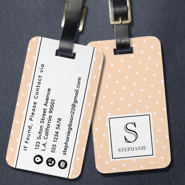 Étiquette À Bagage Motif à pois Monogramme et nom Peach Puff (Créateur téléchargé)