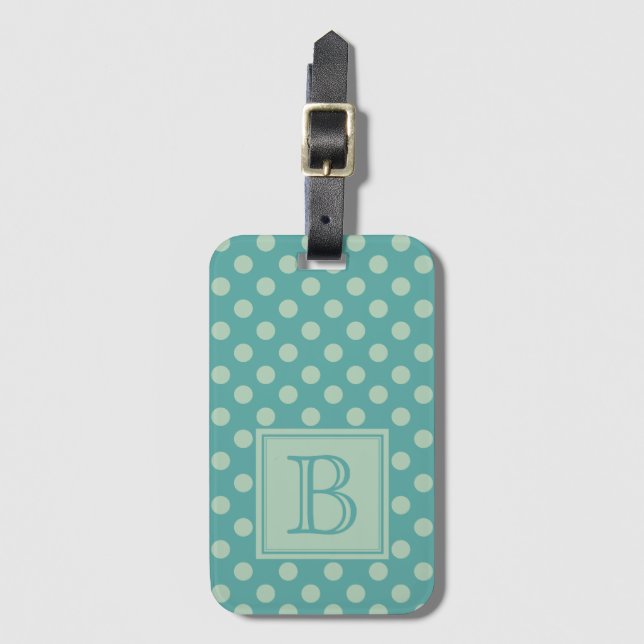 Étiquette À Bagage Motif à pois monogramme sarcelle (Devant Vertical)