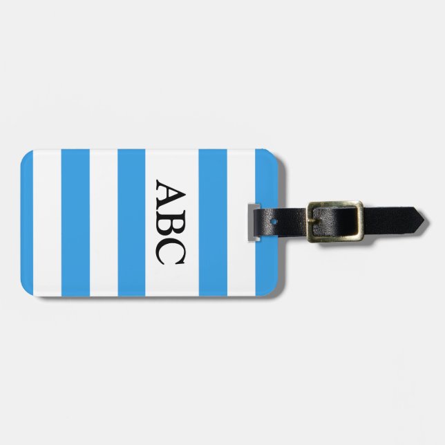 Étiquette À Bagage Motif à rayures bleu ciel avec Monogramme (Devant horizontal)