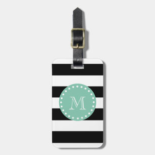 Étiquette À Bagage Motif à rayures noires, Monogramme vert à menthe
