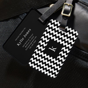 Étiquette À Bagage Motif à vagues gras en noir et blanc Monogramme