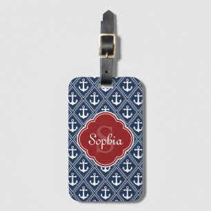 Étiquette À Bagage Motif Ancre bleu Monogramme rouge