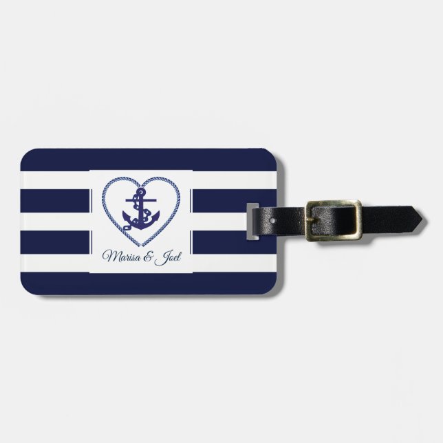 Étiquette À Bagage Motif Ancre Et Bleu Stripes (Devant horizontal)