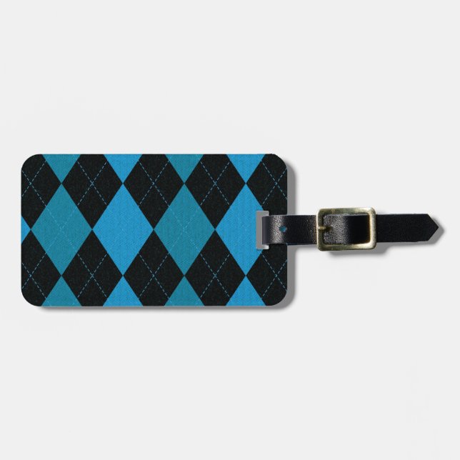 Étiquette À Bagage Motif Argyle bleu foncé et noir (Devant horizontal)