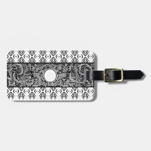 Étiquette À Bagage Motif baroque noir classique à customiser (Devant horizontal)