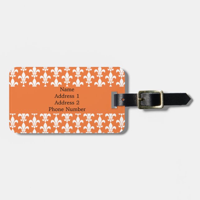 Étiquette À Bagage Motif blanc et orange Fleur de Lis (Devant horizontal)