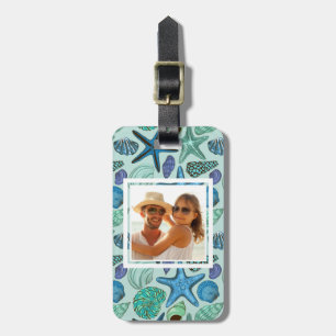 Étiquette À Bagage Motif bleu de coquillages et d'étoiles de mer de