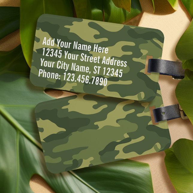Étiquette À Bagage Motif Camo Militaire Vert avec nom et adresse (Personalized luggage tag - green camo)