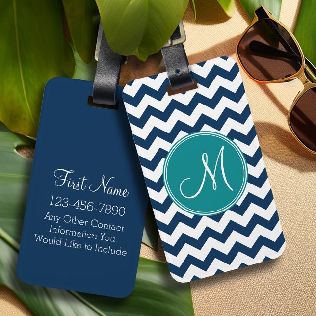 Étiquette À Bagage Motif Chevron avec Monogram - Marine Turquoise (Personalized Luggage Tag)