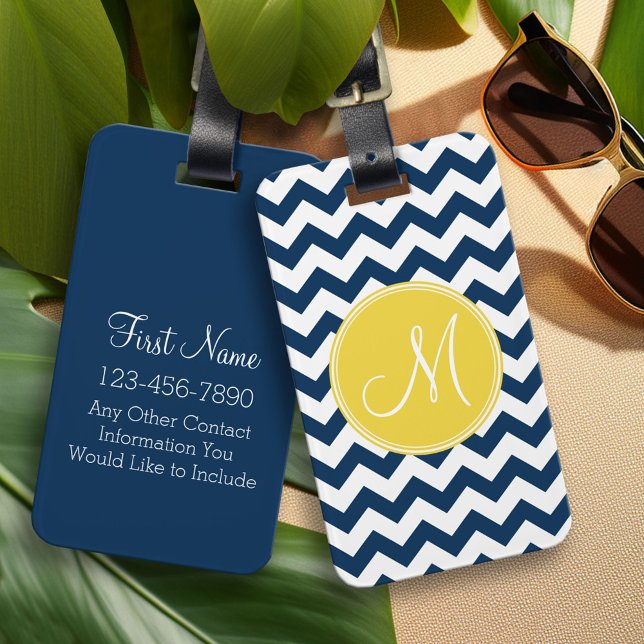 Étiquette À Bagage Motif Chevron avec Monogram - Navy Jaune (Custom Luggage Tag)