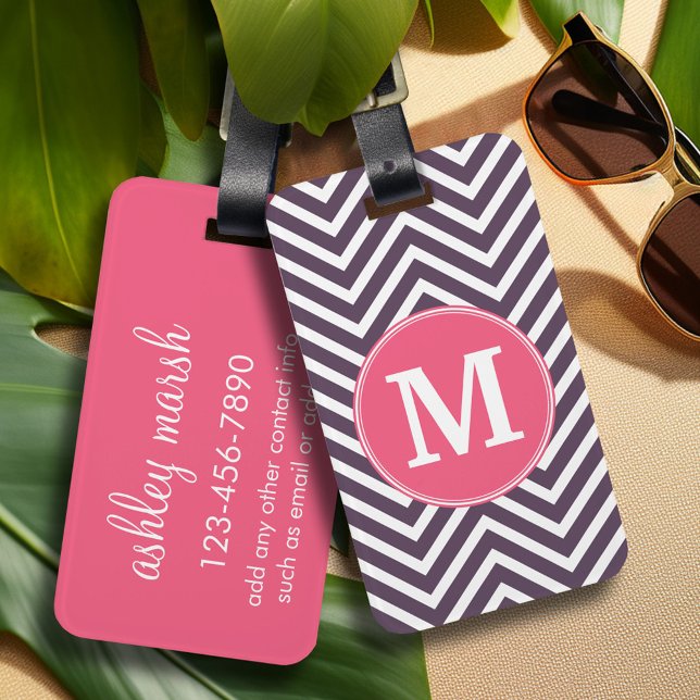 Étiquette À Bagage Motif Chevron avec Monogramme - rose violet (Personalized luggage tag - vibrant colors and custom text)