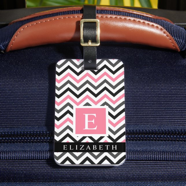Étiquette À Bagage Motif Chevron blanc rose blanc gris noir personnal (Insitu Rectoal 2)