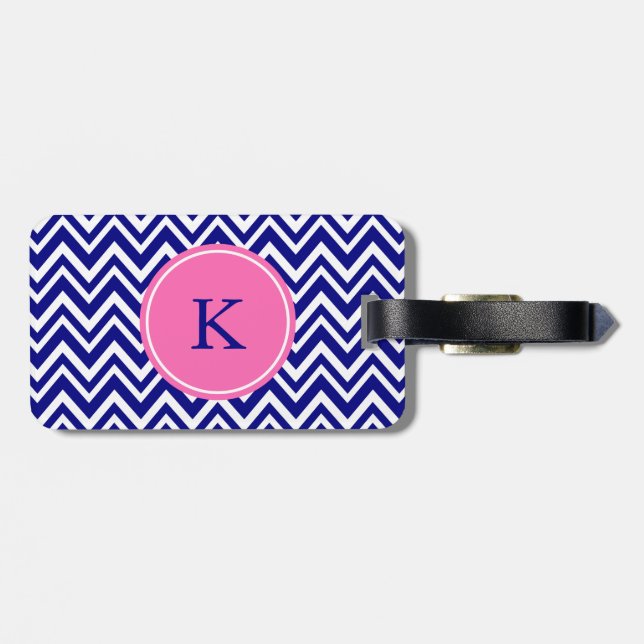 Étiquette À Bagage Motif Chevron bleu Monogram Navy avec rose chaud (Dos horizontal)