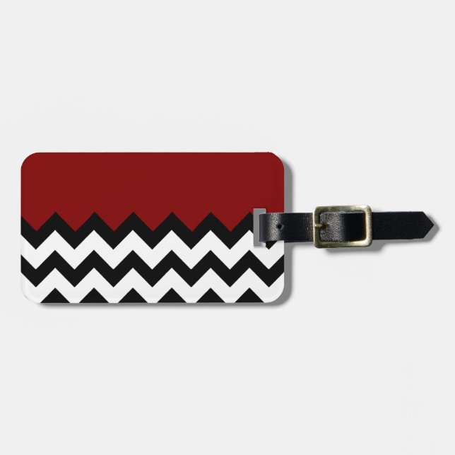 Étiquette À Bagage Motif Chevron Noir Blanc Noir, Rouge foncé (Devant horizontal)