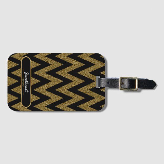 Étiquette À Bagage Motif Chevron Noir Et Or Luxe (Devant Horizontal)