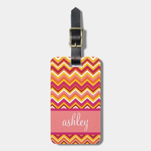 Étiquette À Bagage Motif Chevron orange et rose avec Monogramme (Devant Vertical)